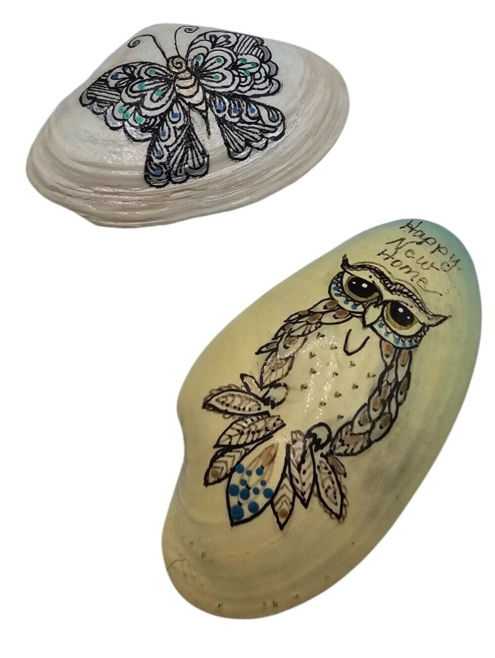 Set of 2 Handpainted Shells Seashells Owl and Butterfly Print Nautical Decor